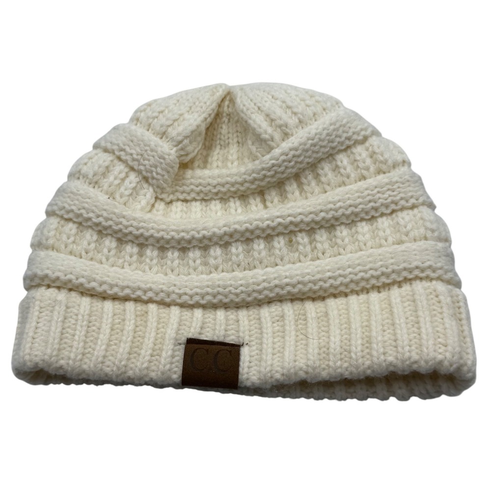 CC Beanie Cream Ribbed Knit Slouchy Warm Winter Hat Women's